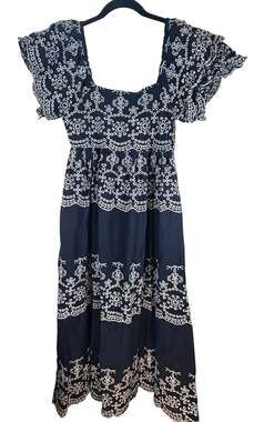 Kings Road Women's Embroidered Square Neck Ruffle Sleeve Tiered Cotton Midi Dres